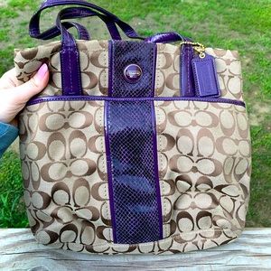 Used Coach C print purse with purple snake skin.